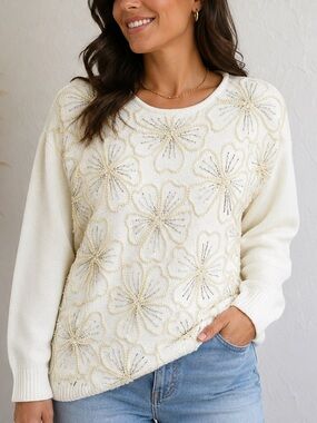 Victoria Jones Woman Cream Beaded Floral Crewneck Sweater L
